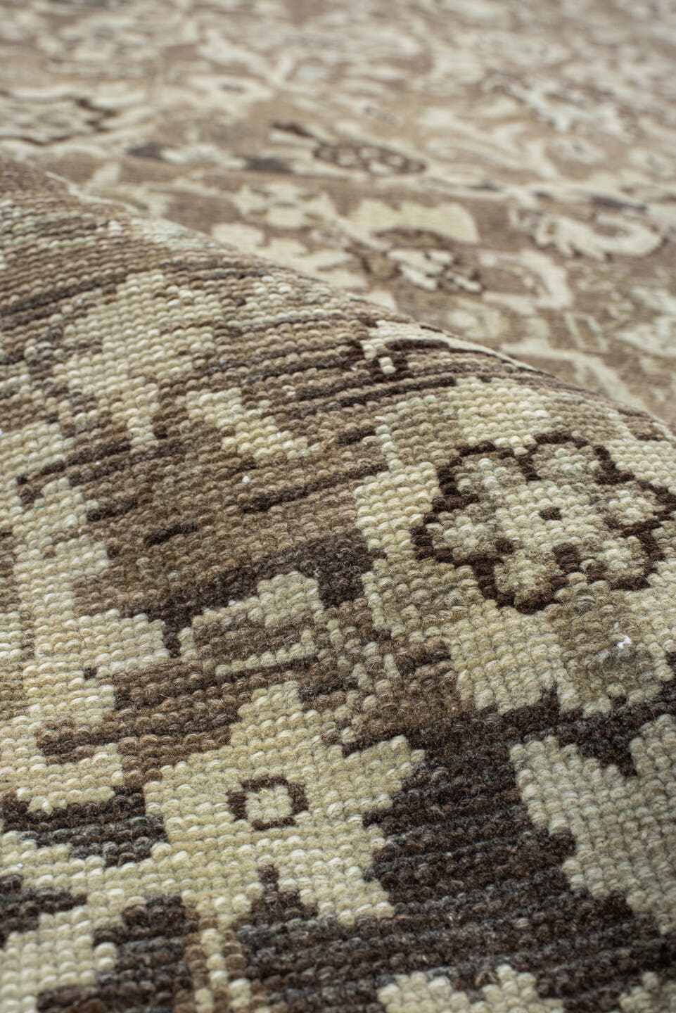 4' x 12' one-of-a-kind handmade antique Malayer runner rug. Color palette: taupe, ivory, brown, beige, camel, charcoal, gray