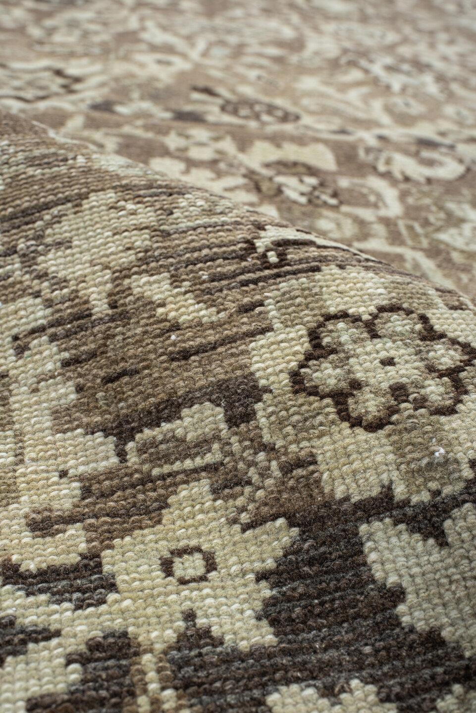 4' x 12' one-of-a-kind handmade antique Malayer runner rug. Color palette: taupe, ivory, brown, beige, camel, charcoal, gray