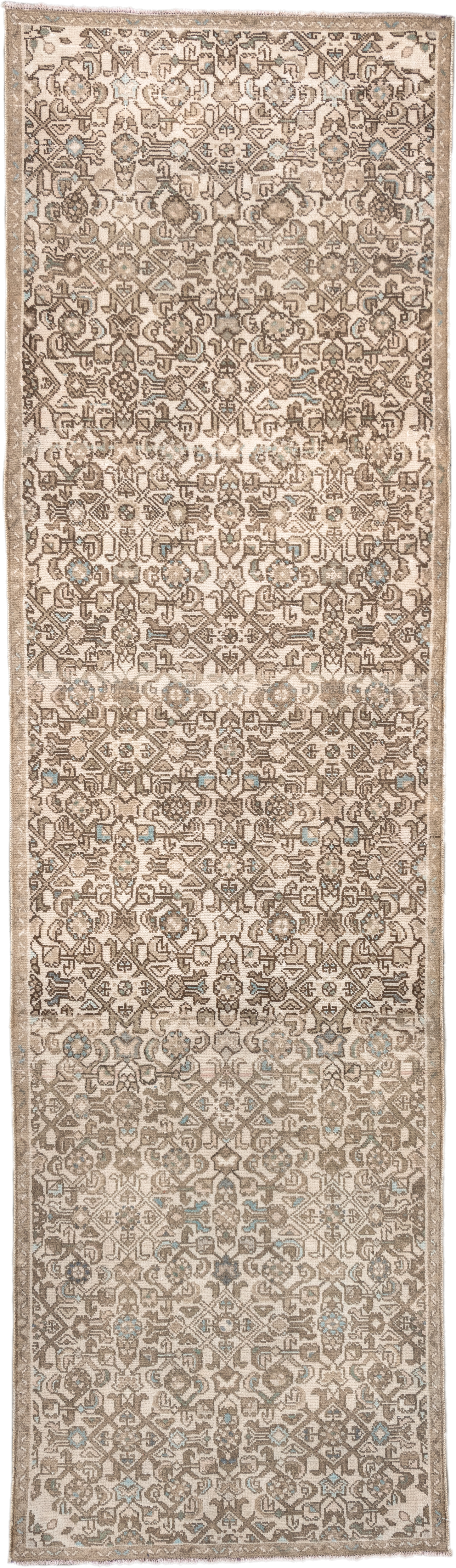 2' x 10' one-of-a-kind handmade antique Hamadan runner rug. Color palette: ivory, taupe, camel, beige, pale blue, brown