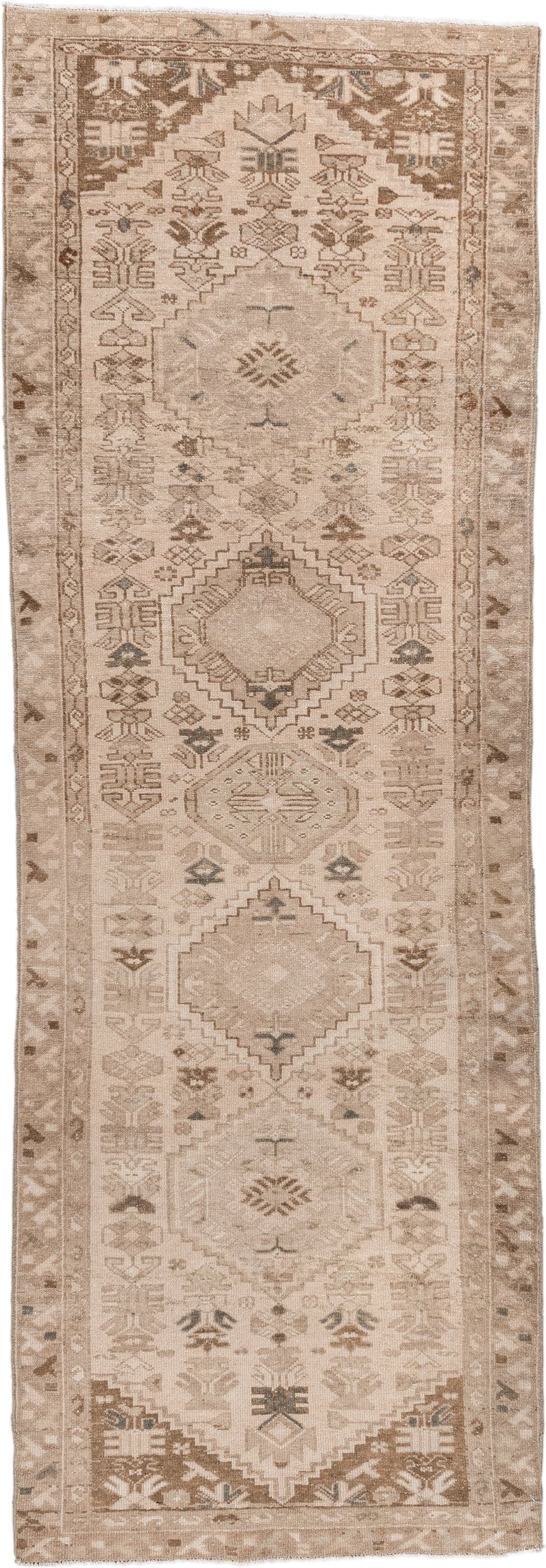 3' x 9' one-of-a-kind handmade antique Hamadan runner rug. Color palette: beige, ivory, taupe, camel, brown, sage, charcoal