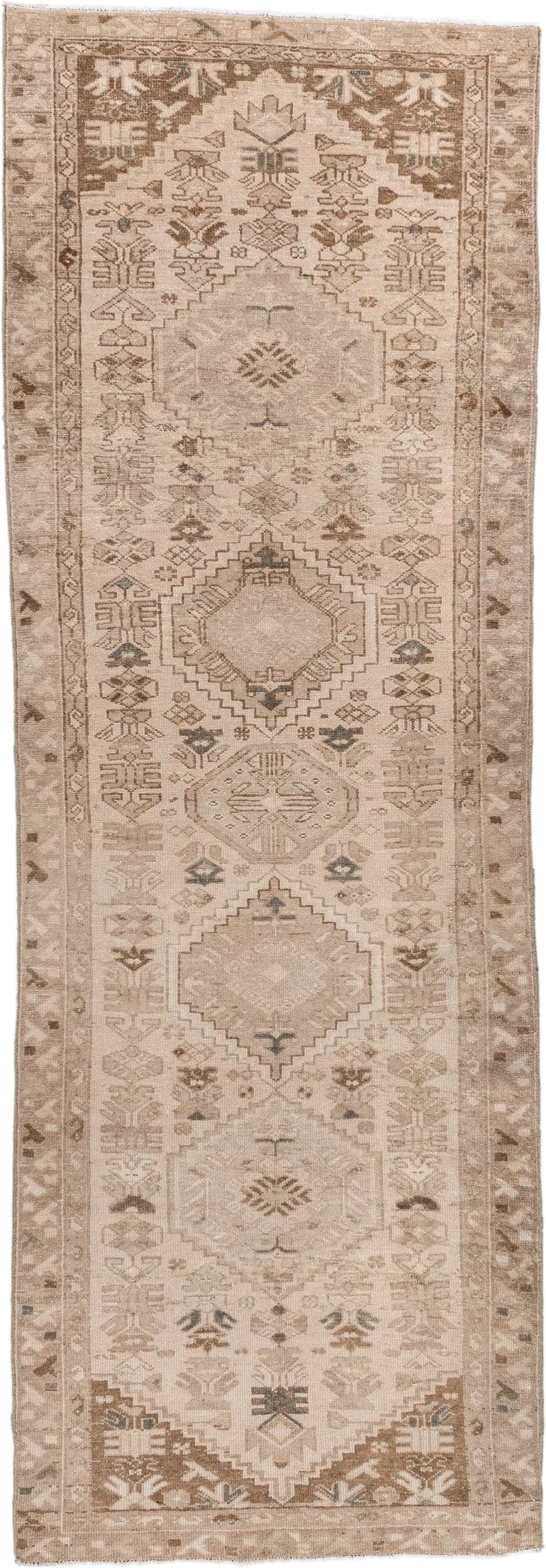 3' x 9' one-of-a-kind handmade antique Hamadan runner rug. Color palette: beige, ivory, taupe, camel, brown, sage, charcoal