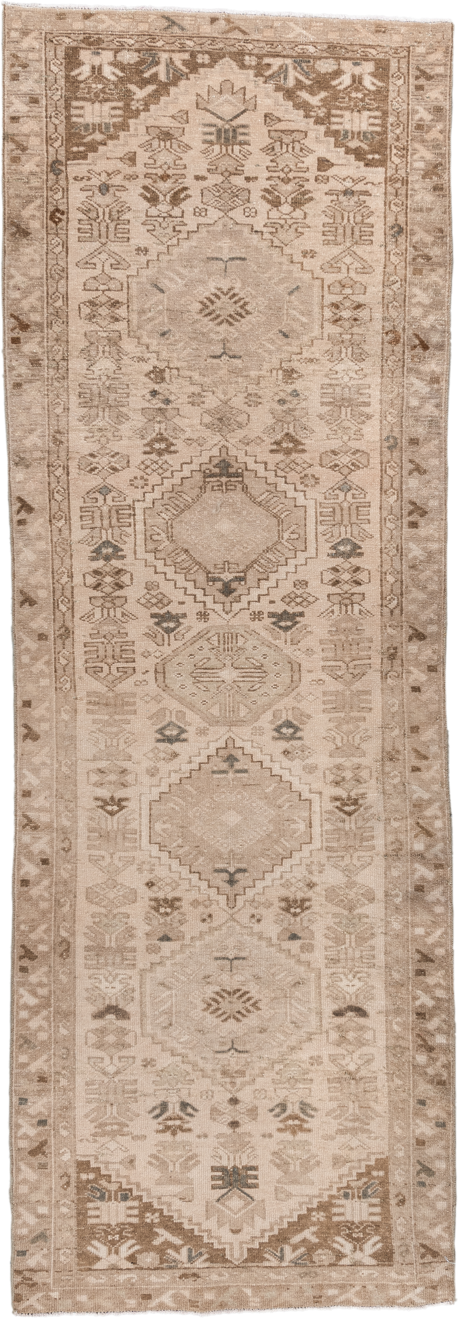 3' x 9' one-of-a-kind handmade antique Hamadan runner rug. Color palette: beige, ivory, taupe, camel, brown, sage, charcoal