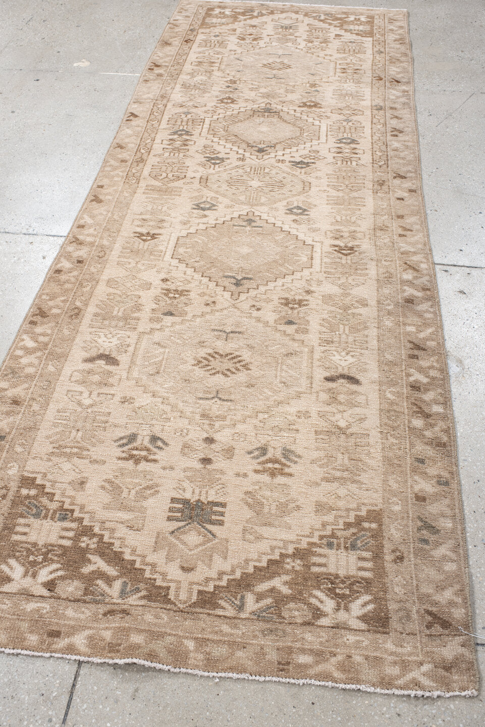 3' x 9' one-of-a-kind handmade antique Hamadan runner rug. Color palette: beige, ivory, taupe, camel, brown, sage, charcoal