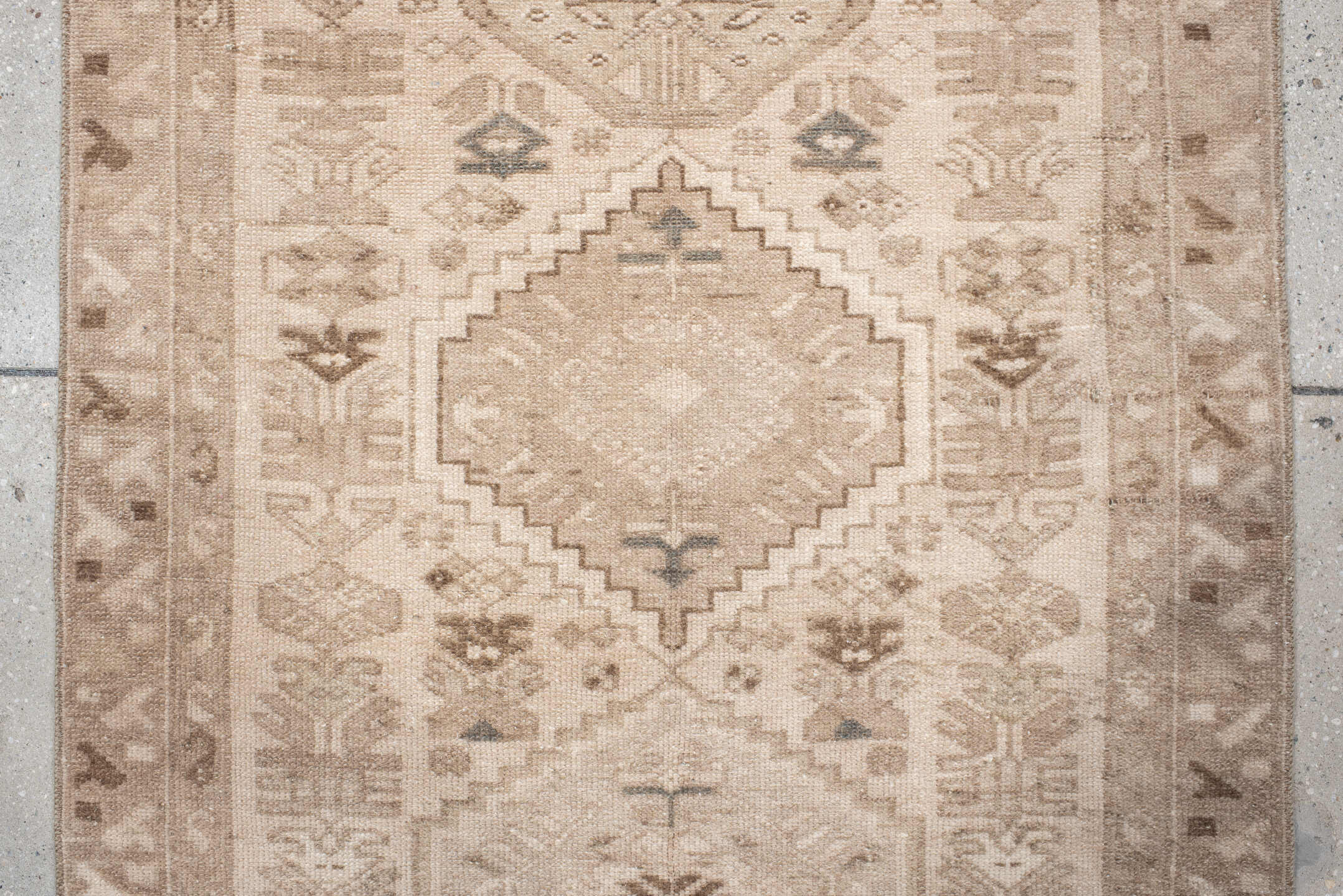 3' x 9' one-of-a-kind handmade antique Hamadan runner rug. Color palette: beige, ivory, taupe, camel, brown, sage, charcoal