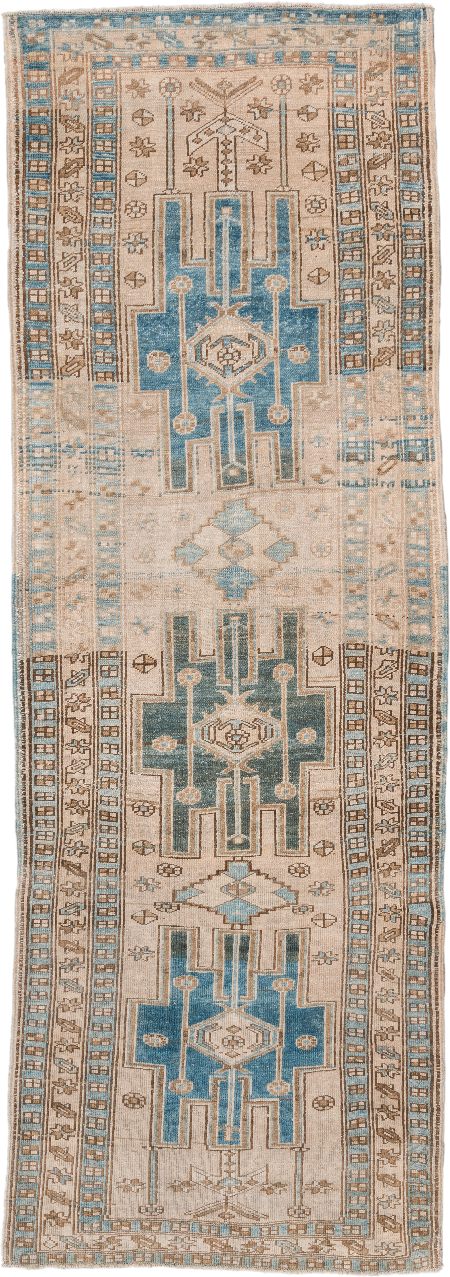 3' x 10' one-of-a-kind handmade antique Karaje runner rug. Color palette: ivory, sky blue, camel, taupe, brown, light blue