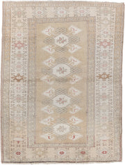 3' x 4' one-of-a-kind handmade vintage Anatolian small size rug. Color palette: beige, ivory, taupe, blush, sage, camel