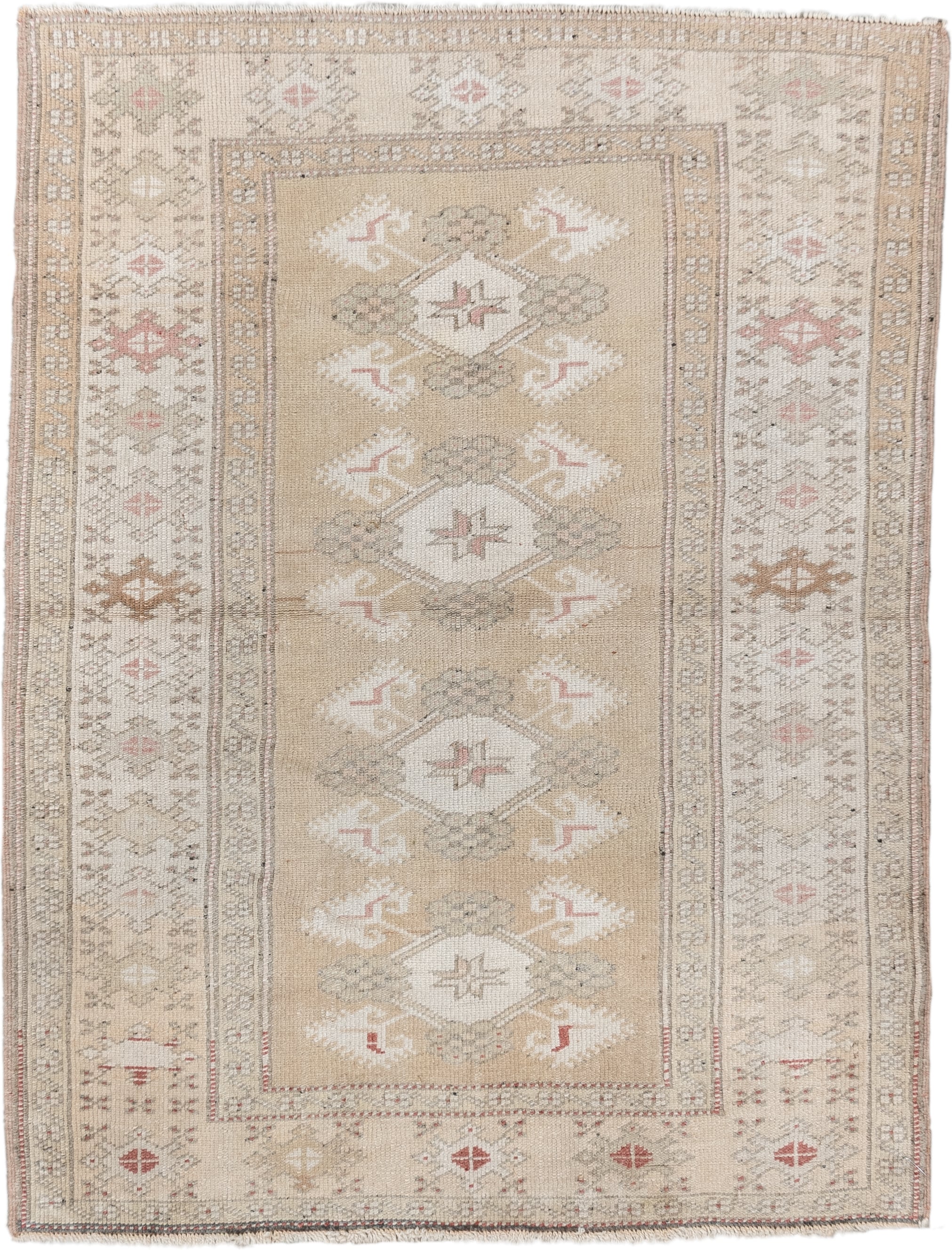 3' x 4' one-of-a-kind handmade vintage Anatolian small size rug. Color palette: beige, ivory, taupe, blush, sage, camel