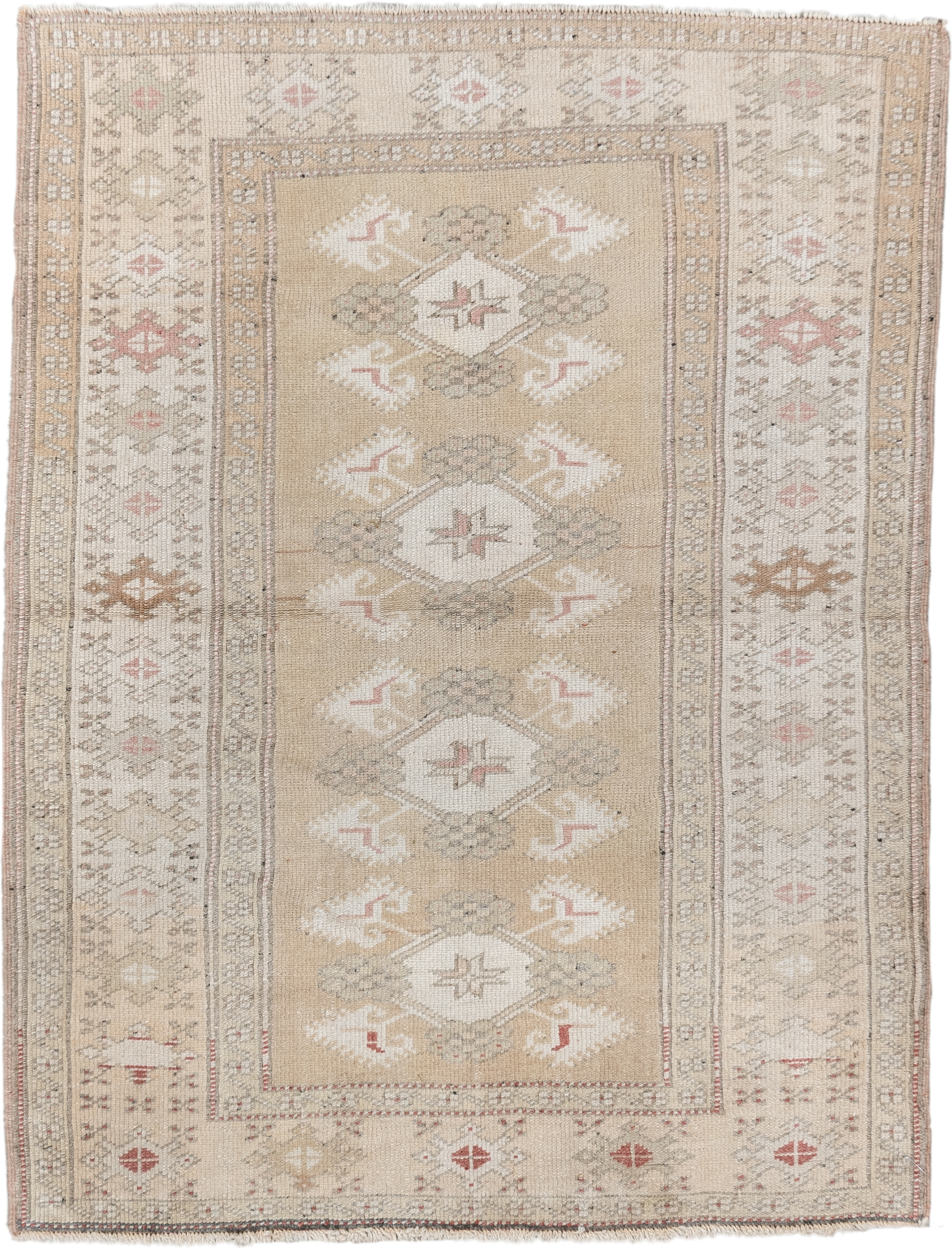 3' x 4' one-of-a-kind handmade vintage Anatolian small size rug. Color palette: beige, ivory, taupe, blush, sage, camel