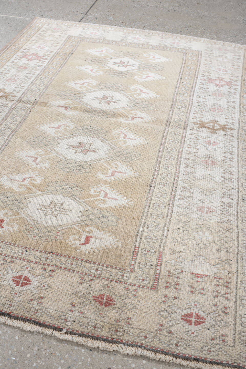 3' x 4' one-of-a-kind handmade vintage Anatolian small size rug. Color palette: beige, ivory, taupe, blush, sage, camel