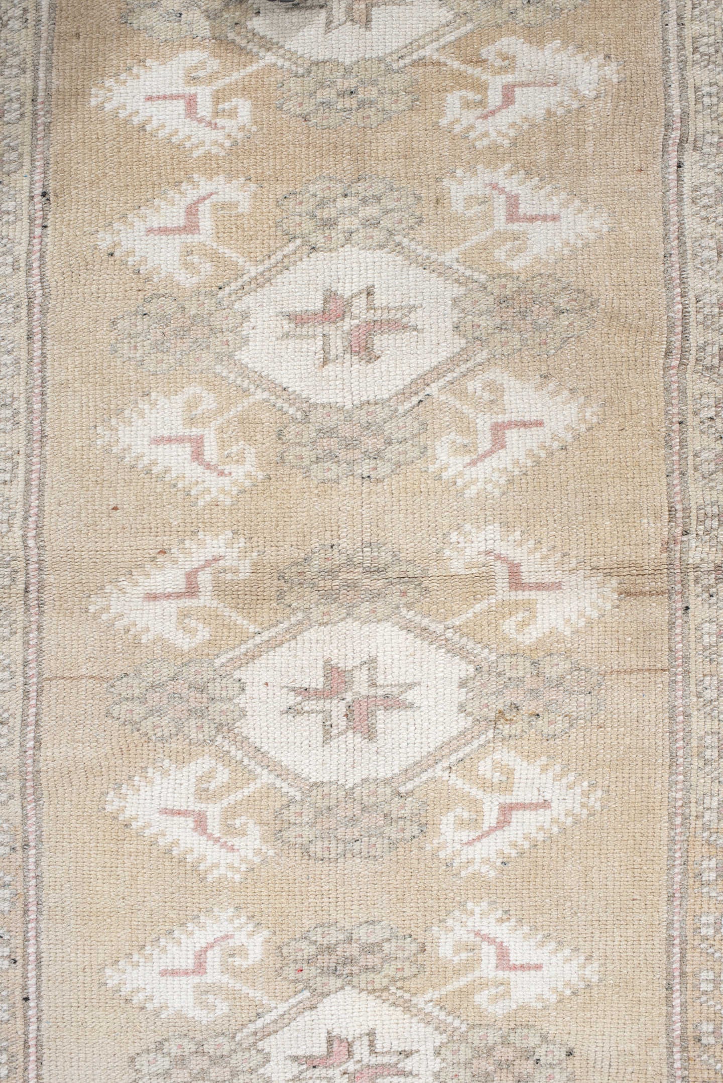 3' x 4' one-of-a-kind handmade vintage Anatolian small size rug. Color palette: beige, ivory, taupe, blush, sage, camel