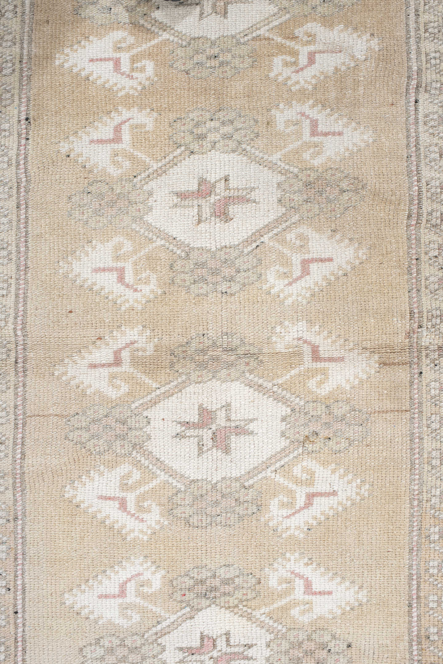 3' x 4' one-of-a-kind handmade vintage Anatolian small size rug. Color palette: beige, ivory, taupe, blush, sage, camel