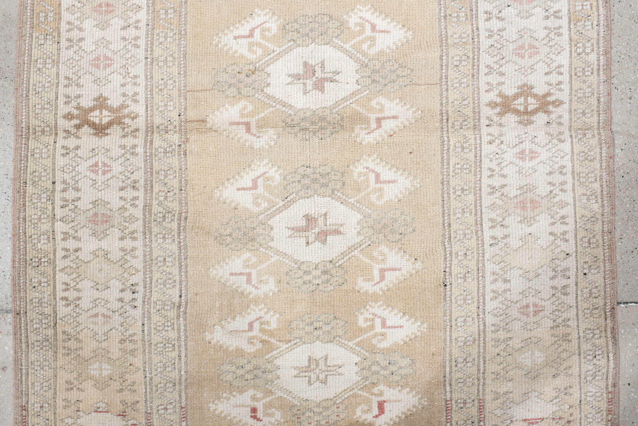 3' x 4' one-of-a-kind handmade vintage Anatolian small size rug. Color palette: beige, ivory, taupe, blush, sage, camel