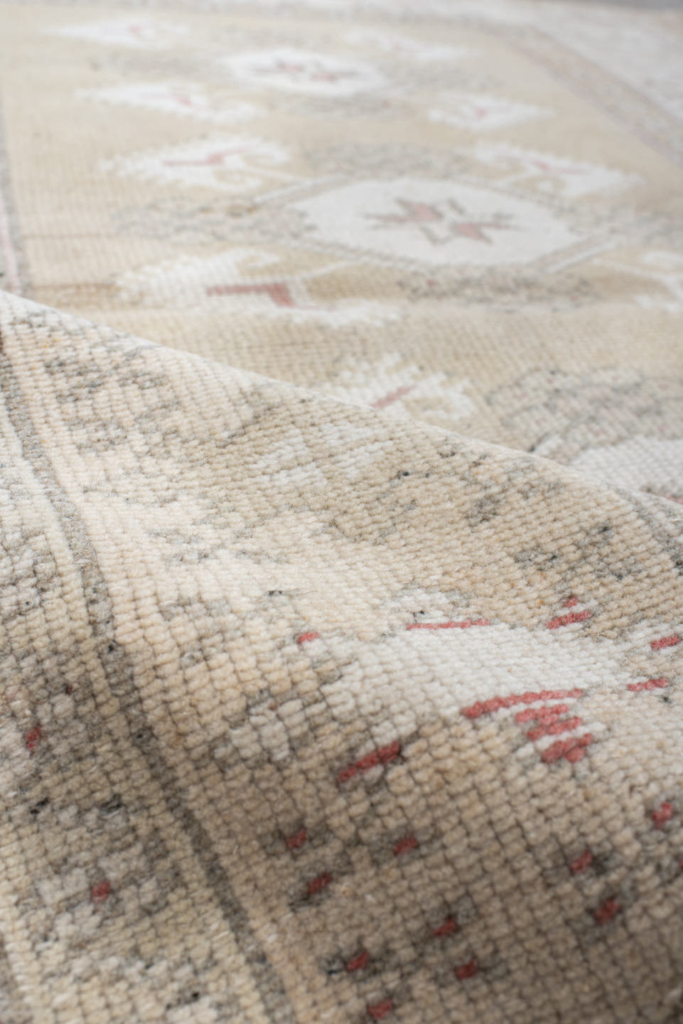 3' x 4' one-of-a-kind handmade vintage Anatolian small size rug. Color palette: beige, ivory, taupe, blush, sage, camel