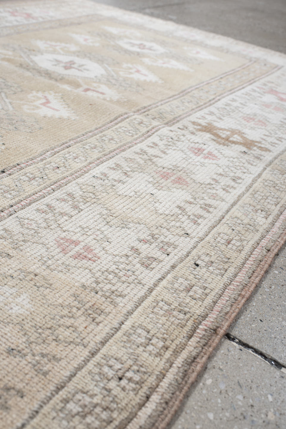 3' x 4' one-of-a-kind handmade vintage Anatolian small size rug. Color palette: beige, ivory, taupe, blush, sage, camel