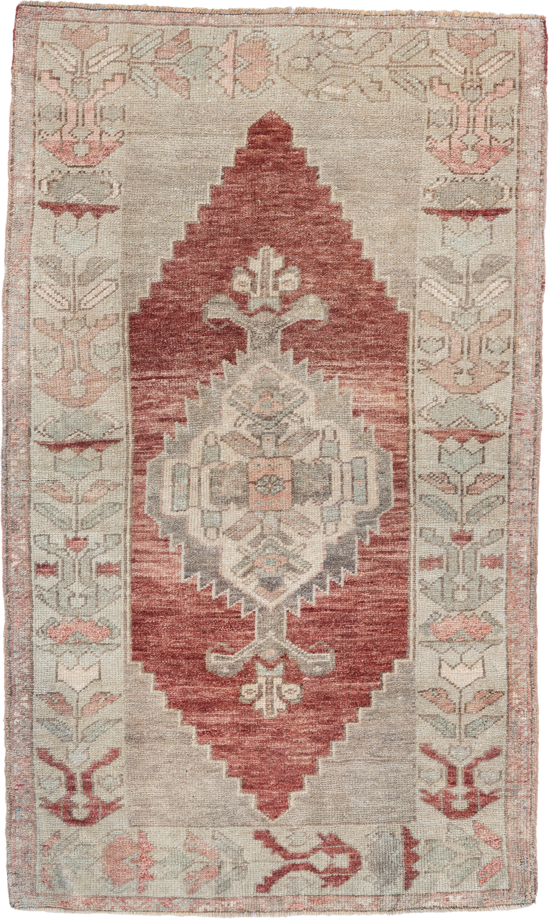 2' x 4' one-of-a-kind handmade vintage Anatolian small size rug. Color palette: ivory, terra cotta, blush, sage, taupe