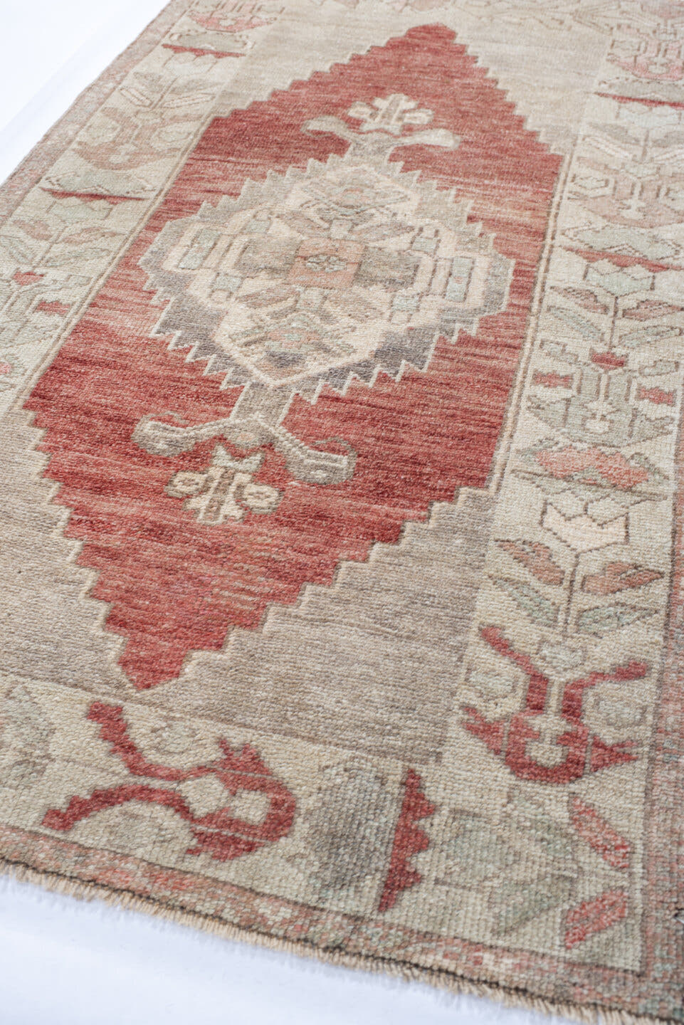2' x 4' one-of-a-kind handmade vintage Anatolian small size rug. Color palette: ivory, terra cotta, blush, sage, taupe