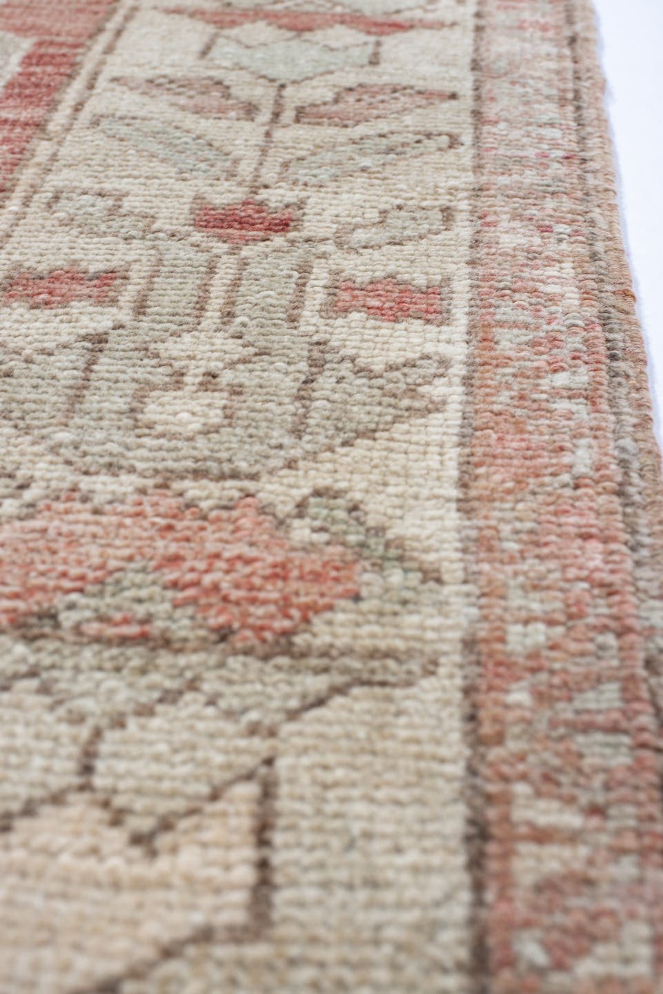 2' x 4' one-of-a-kind handmade vintage Anatolian small size rug. Color palette: ivory, terra cotta, blush, sage, taupe
