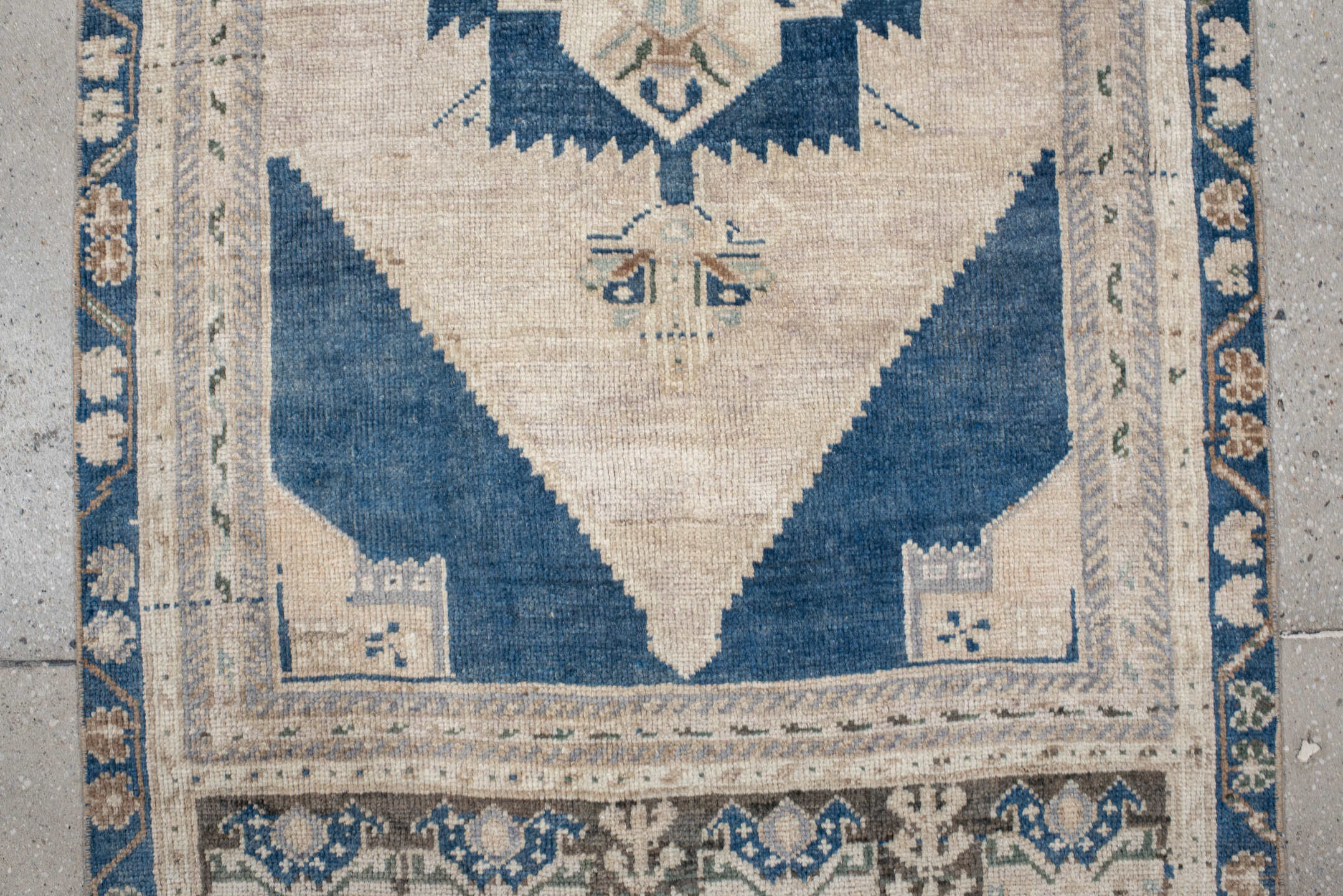 2' x 6' one-of-a-kind handmade vintage Anatolian runner rug. Color palette: ivory, indigo, beige, sky_blue, taupe, blush