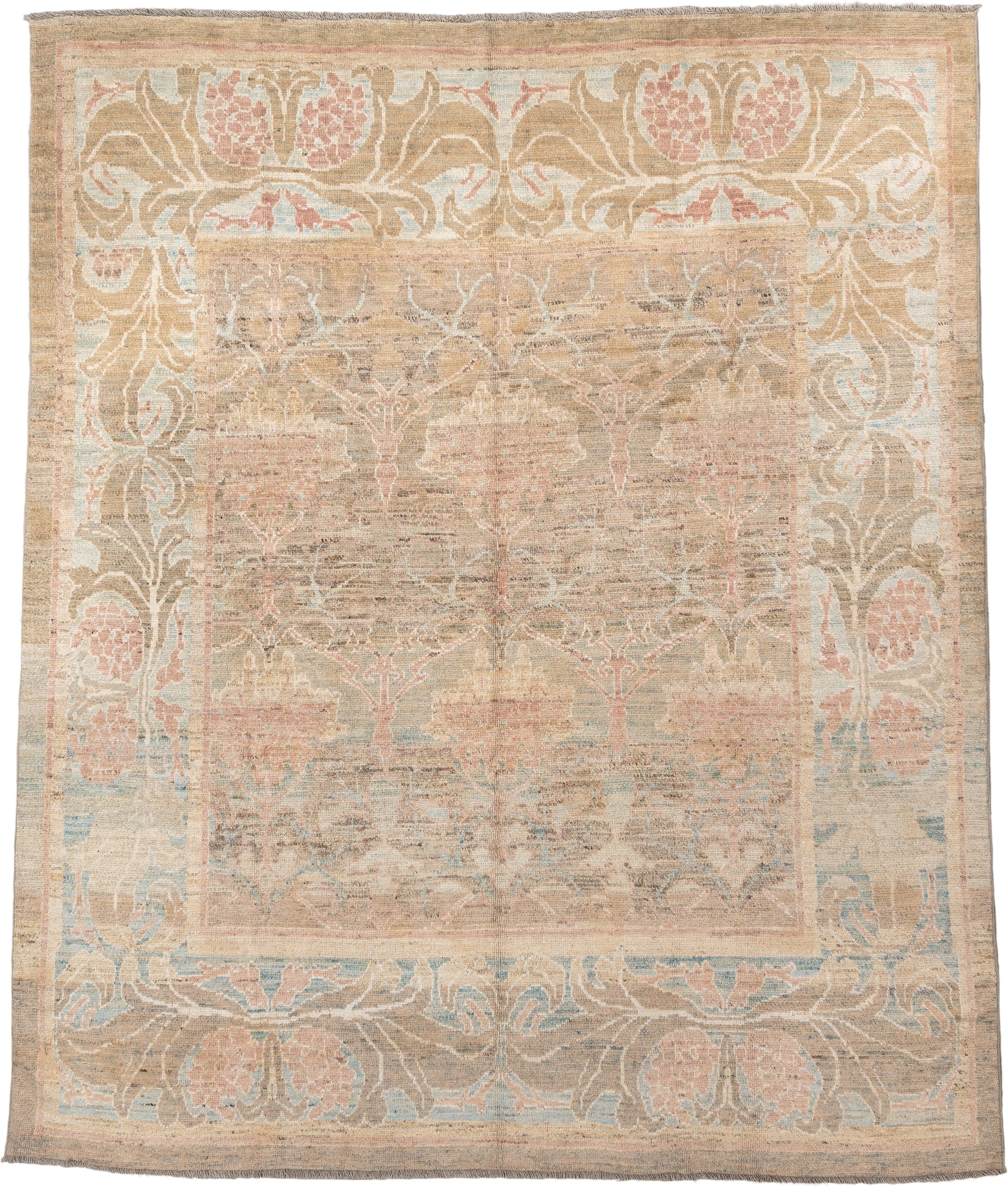 10' x 12' one-of-a-kind handmade vintage Arts Crafts oversize rug. Color palette: beige, taupe, blush, ivory, pale blue