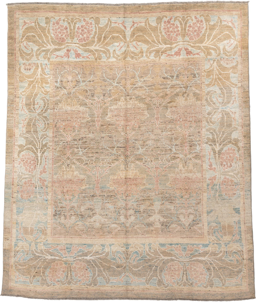 10' x 12' one-of-a-kind handmade vintage Arts Crafts oversize rug. Color palette: beige, taupe, blush, ivory, pale blue