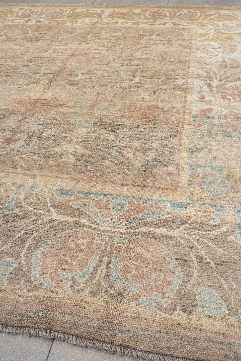 10' x 12' one-of-a-kind handmade vintage Arts Crafts oversize rug. Color palette: beige, taupe, blush, ivory, pale blue