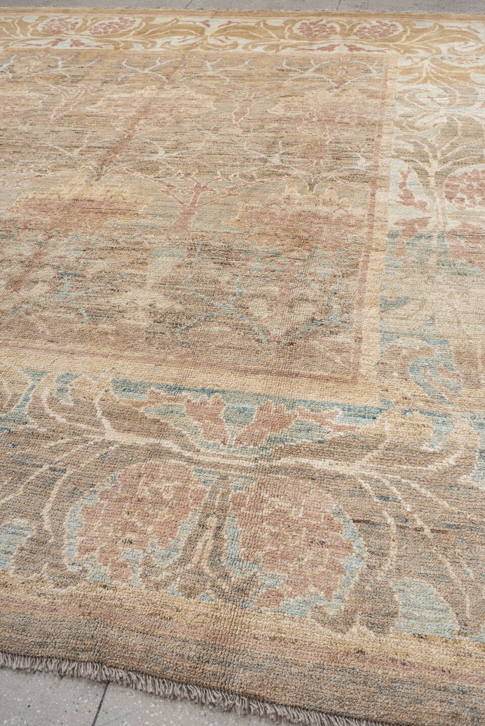 10' x 12' one-of-a-kind handmade vintage Arts Crafts oversize rug. Color palette: beige, taupe, blush, ivory, pale blue