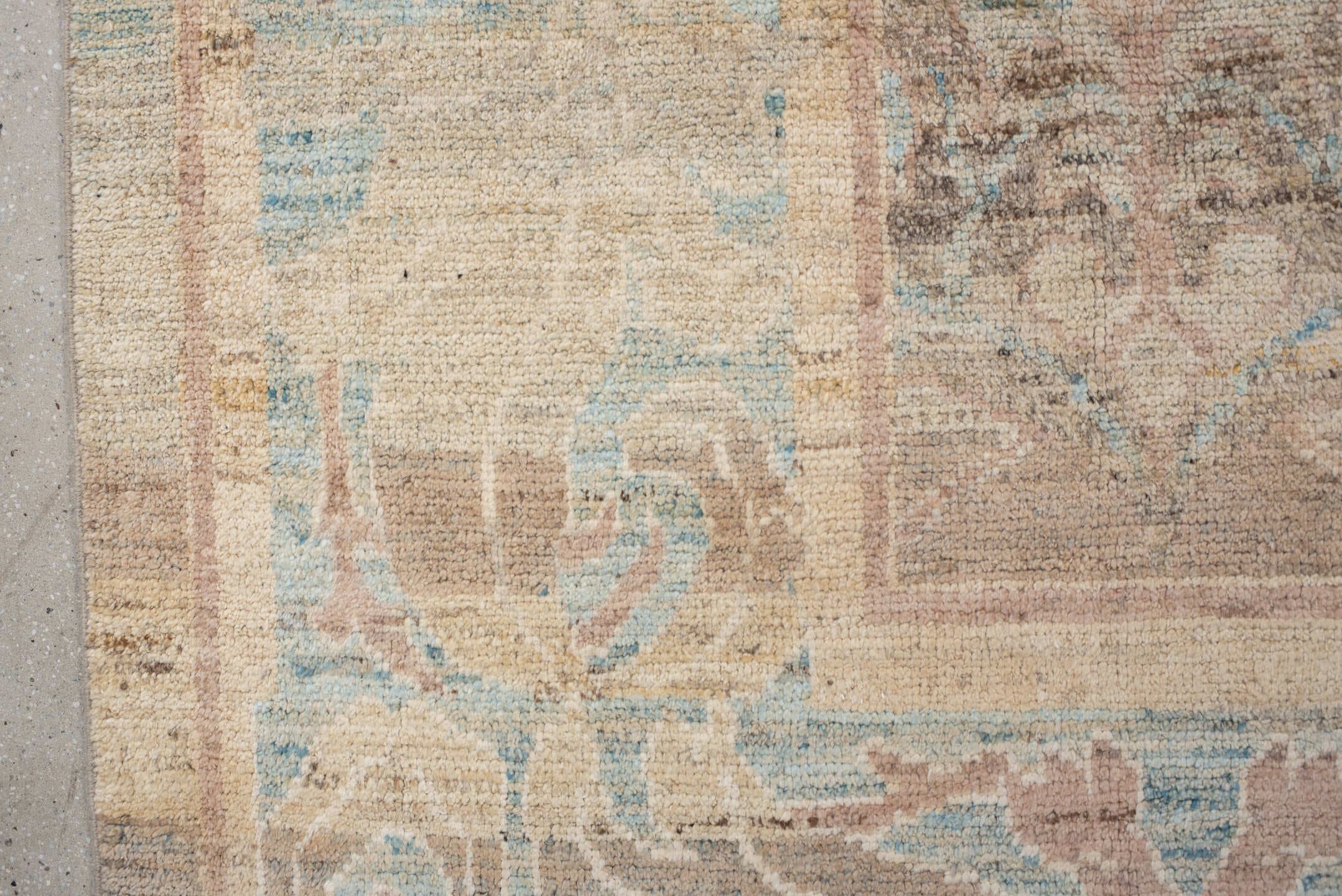 10' x 12' one-of-a-kind handmade vintage Arts Crafts oversize rug. Color palette: beige, taupe, blush, ivory, pale blue