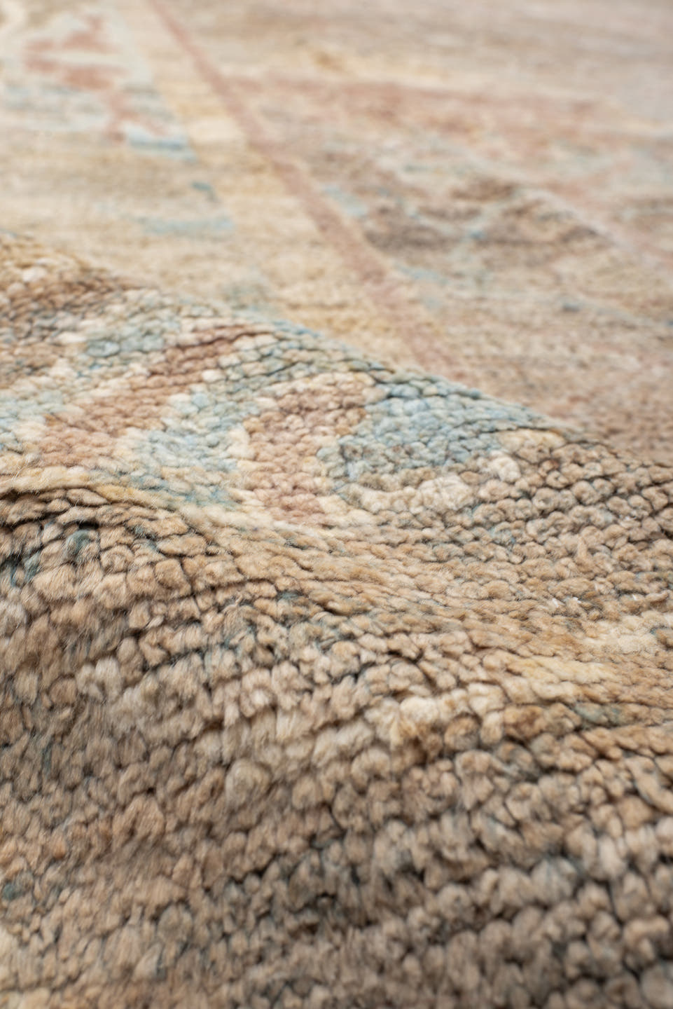 10' x 12' one-of-a-kind handmade vintage Arts Crafts oversize rug. Color palette: beige, taupe, blush, ivory, pale blue