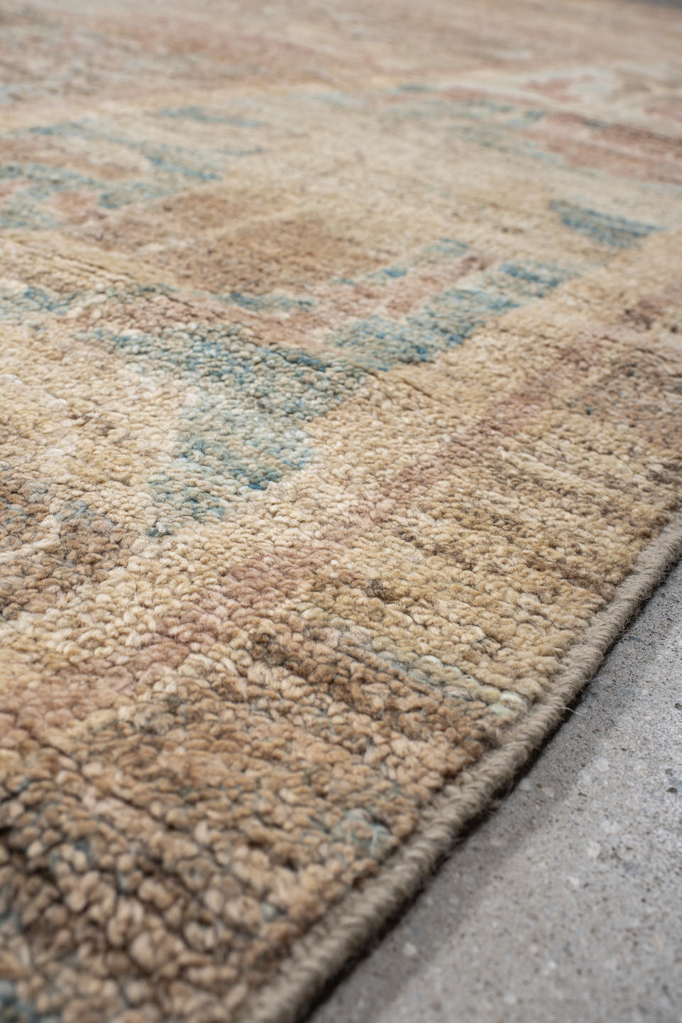 10' x 12' one-of-a-kind handmade vintage Arts Crafts oversize rug. Color palette: beige, taupe, blush, ivory, pale blue