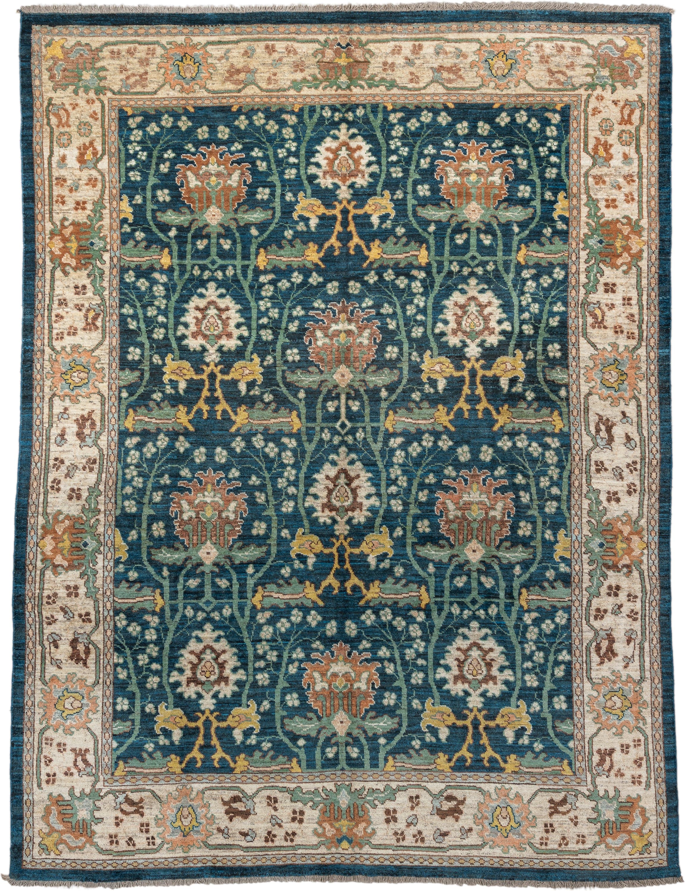 10' x 13' one-of-a-kind handmade vintage Arts & Crafts large size rug. Color palette: blue, ivory, teal, sage, rust, gold