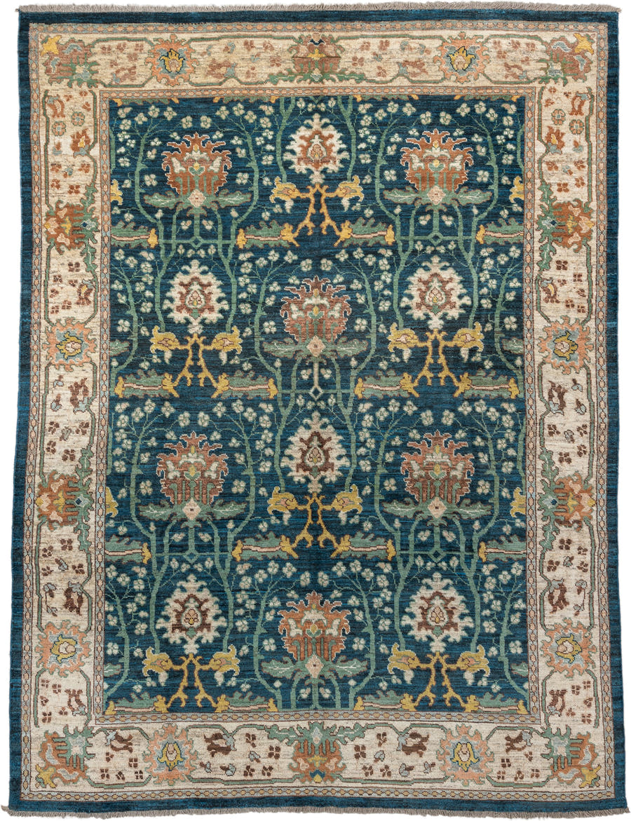 10' x 13' one-of-a-kind handmade vintage Arts & Crafts large size rug. Color palette: blue, ivory, teal, sage, rust, gold