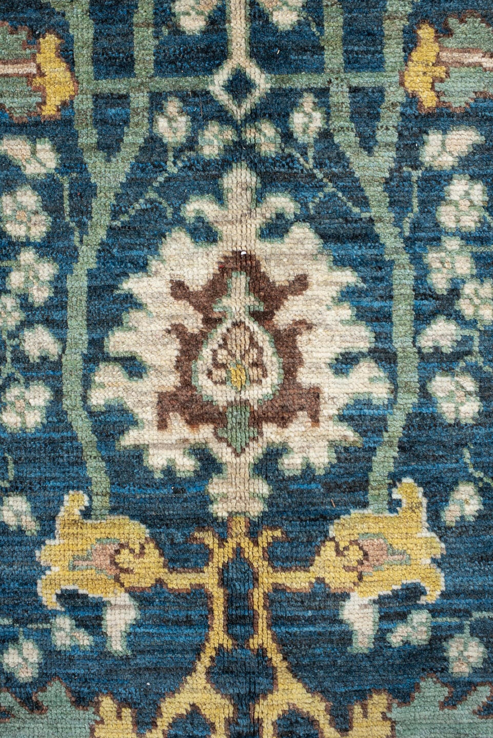10' x 13' one-of-a-kind handmade vintage Arts & Crafts large size rug. Color palette: blue, ivory, teal, sage, rust, gold