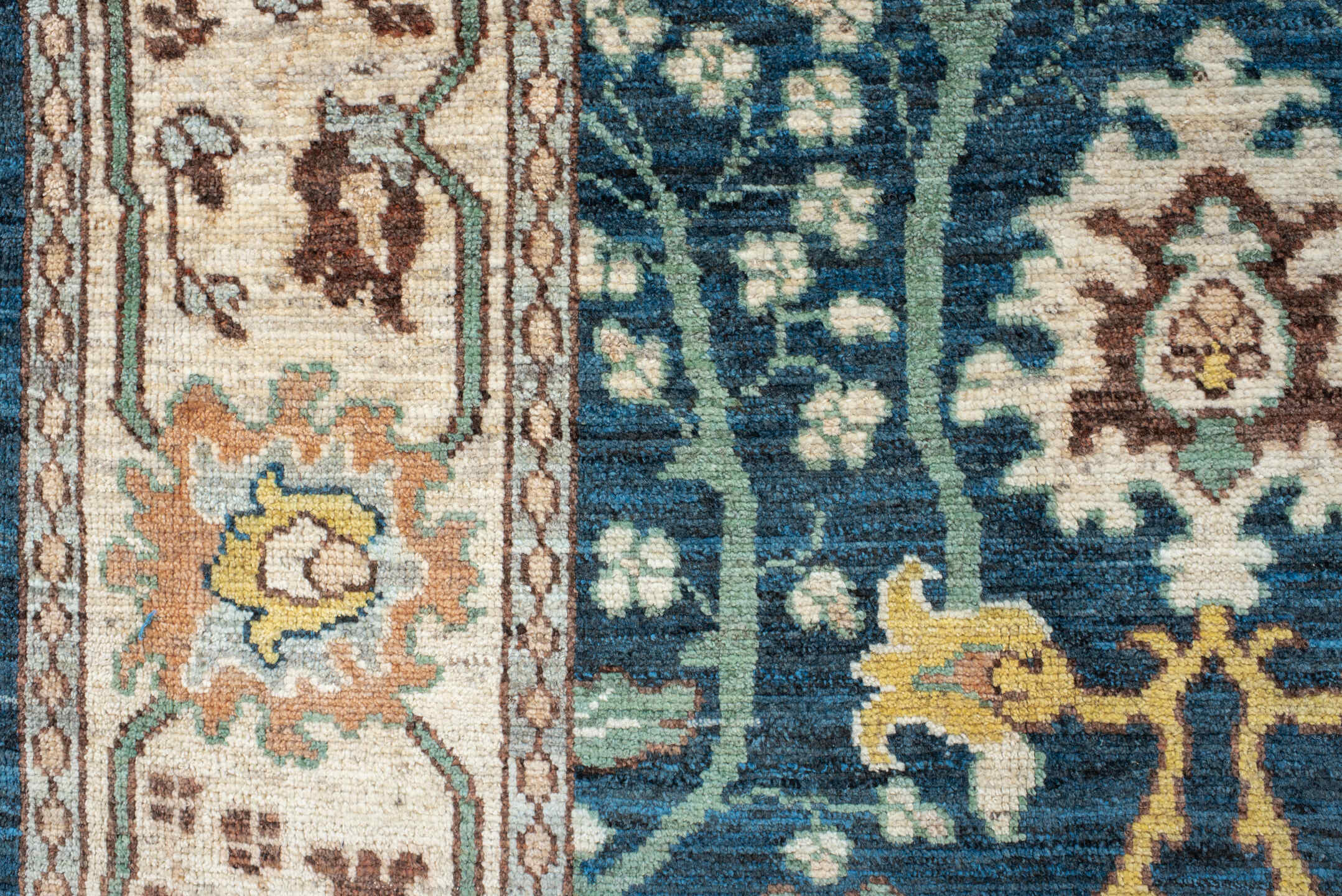 10' x 13' one-of-a-kind handmade vintage Arts & Crafts large size rug. Color palette: blue, ivory, teal, sage, rust, gold