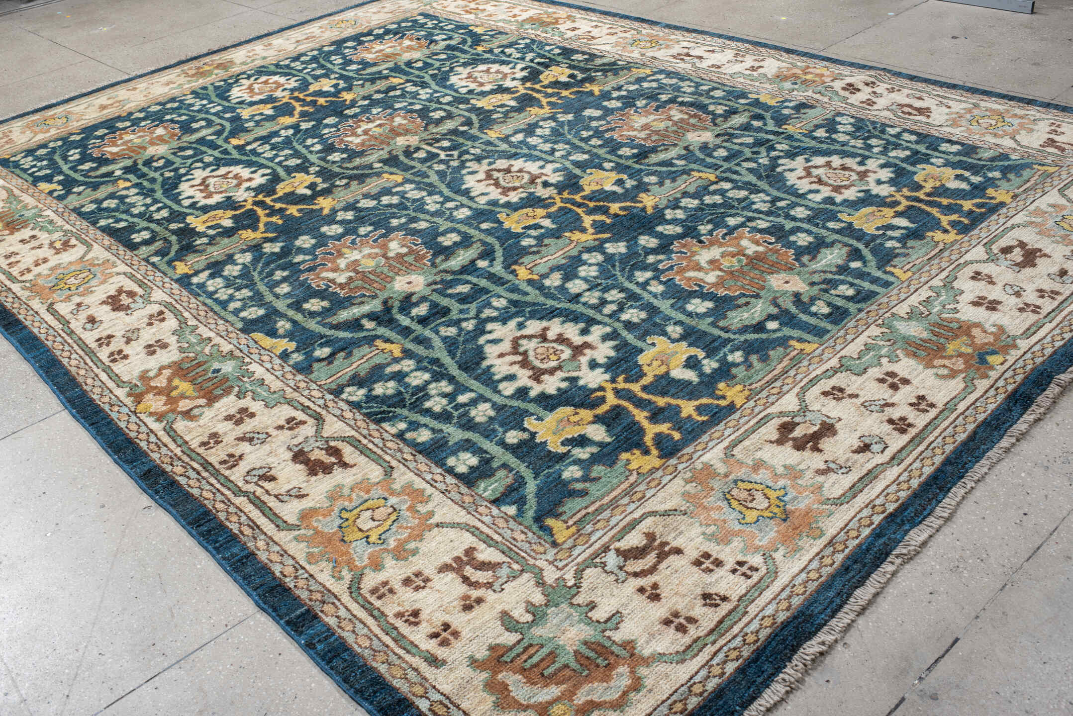 10' x 13' one-of-a-kind handmade vintage Arts & Crafts large size rug. Color palette: blue, ivory, teal, sage, rust, gold