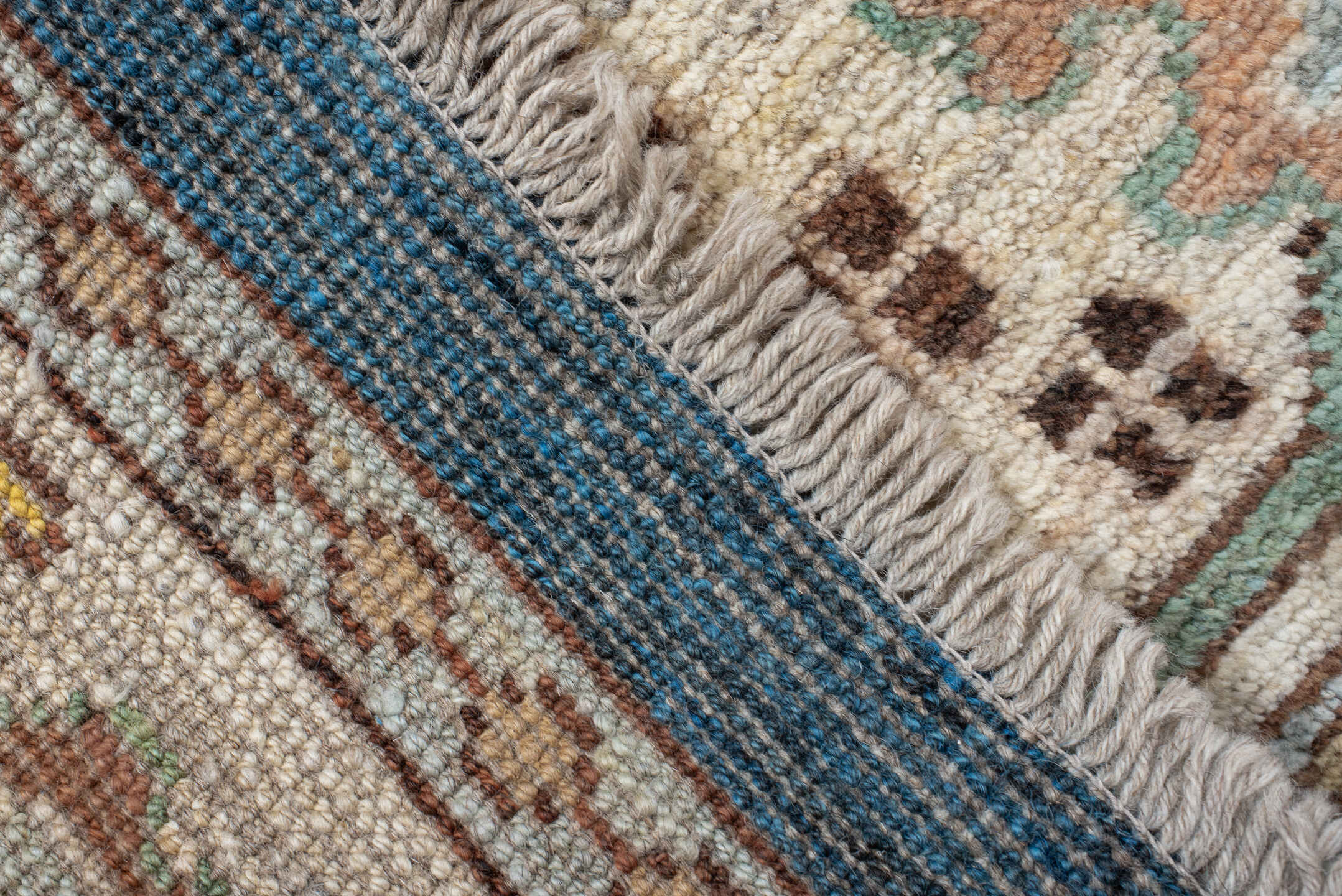 10' x 13' one-of-a-kind handmade vintage Arts & Crafts large size rug. Color palette: blue, ivory, teal, sage, rust, gold