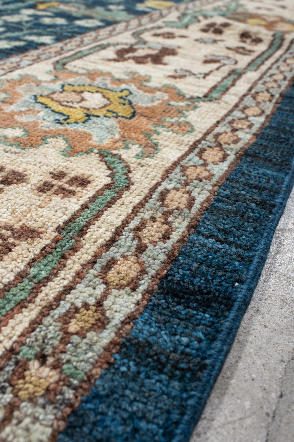 10' x 13' one-of-a-kind handmade vintage Arts & Crafts large size rug. Color palette: blue, ivory, teal, sage, rust, gold