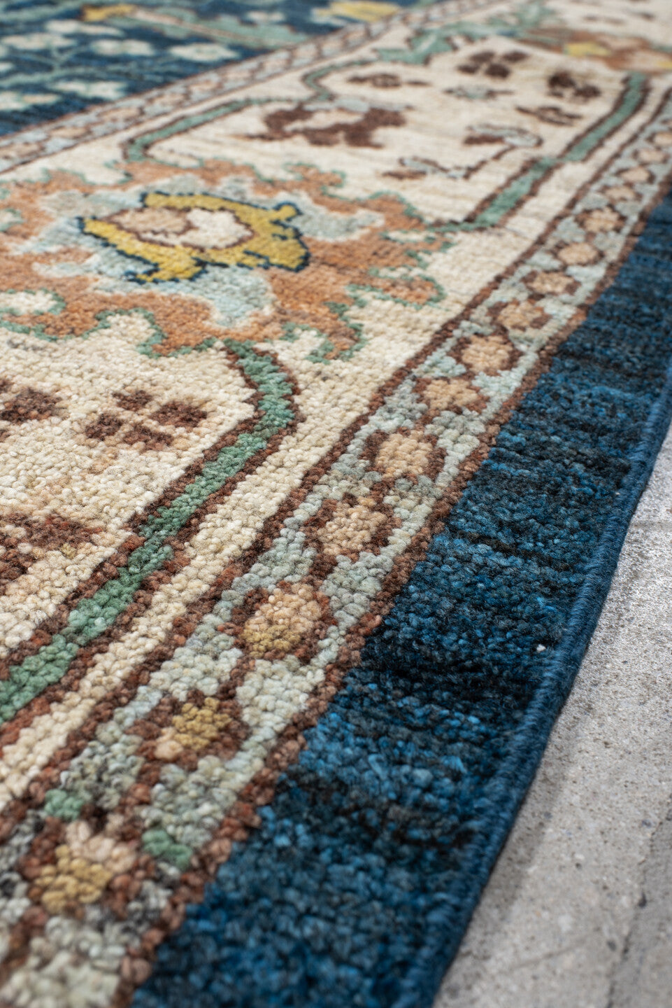 10' x 13' one-of-a-kind handmade vintage Arts & Crafts large size rug. Color palette: blue, ivory, teal, sage, rust, gold