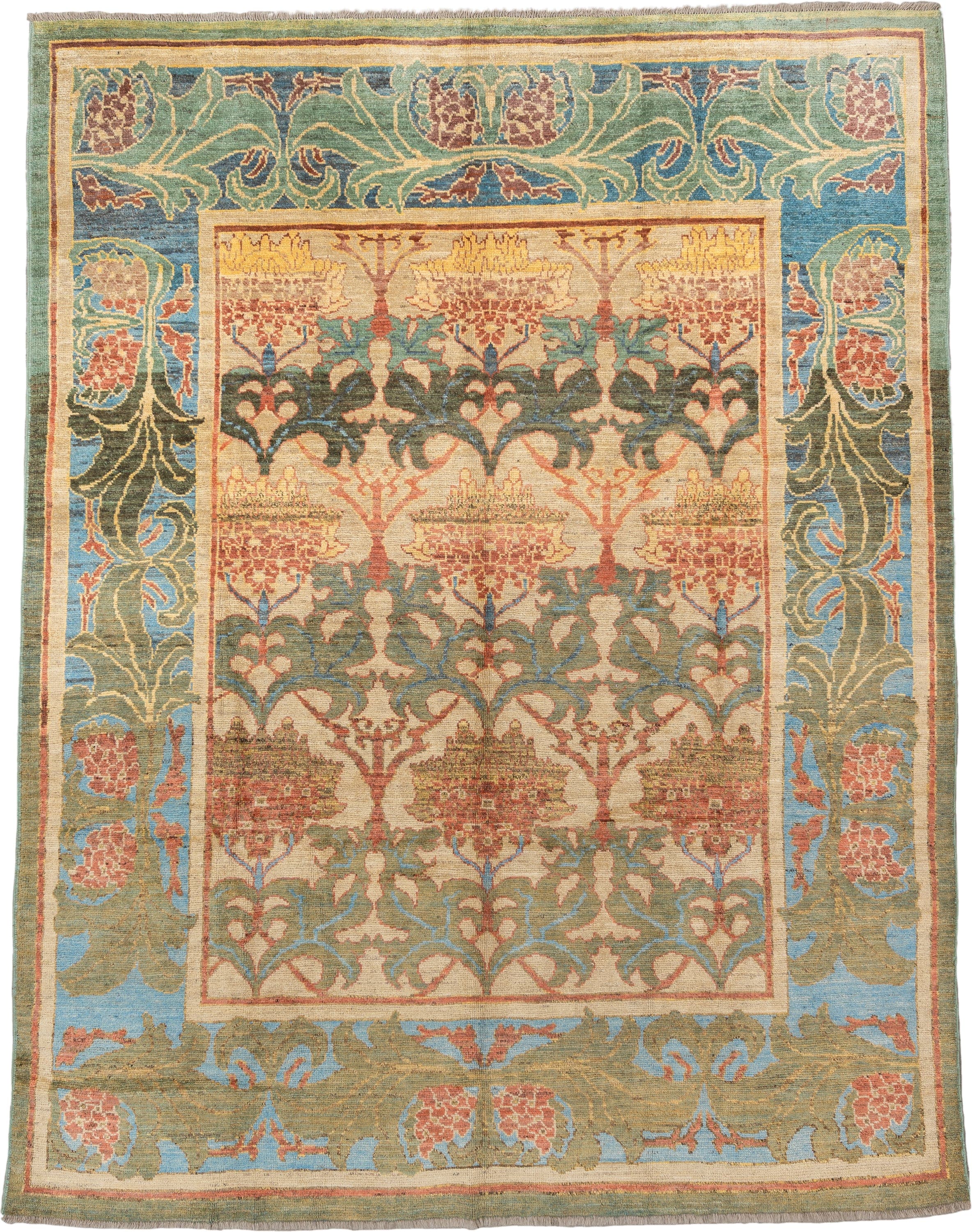 9' x 12' one-of-a-kind handmade vintage Arts & Crafts large size rug. Color palette: ivory, sky blue, sage, rust, gold