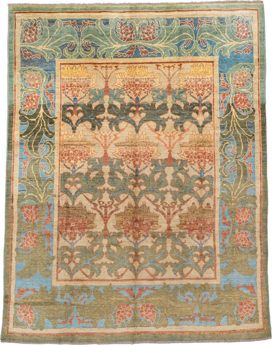 9' x 12' one-of-a-kind handmade vintage Arts & Crafts large size rug. Color palette: ivory, sky blue, sage, rust, gold