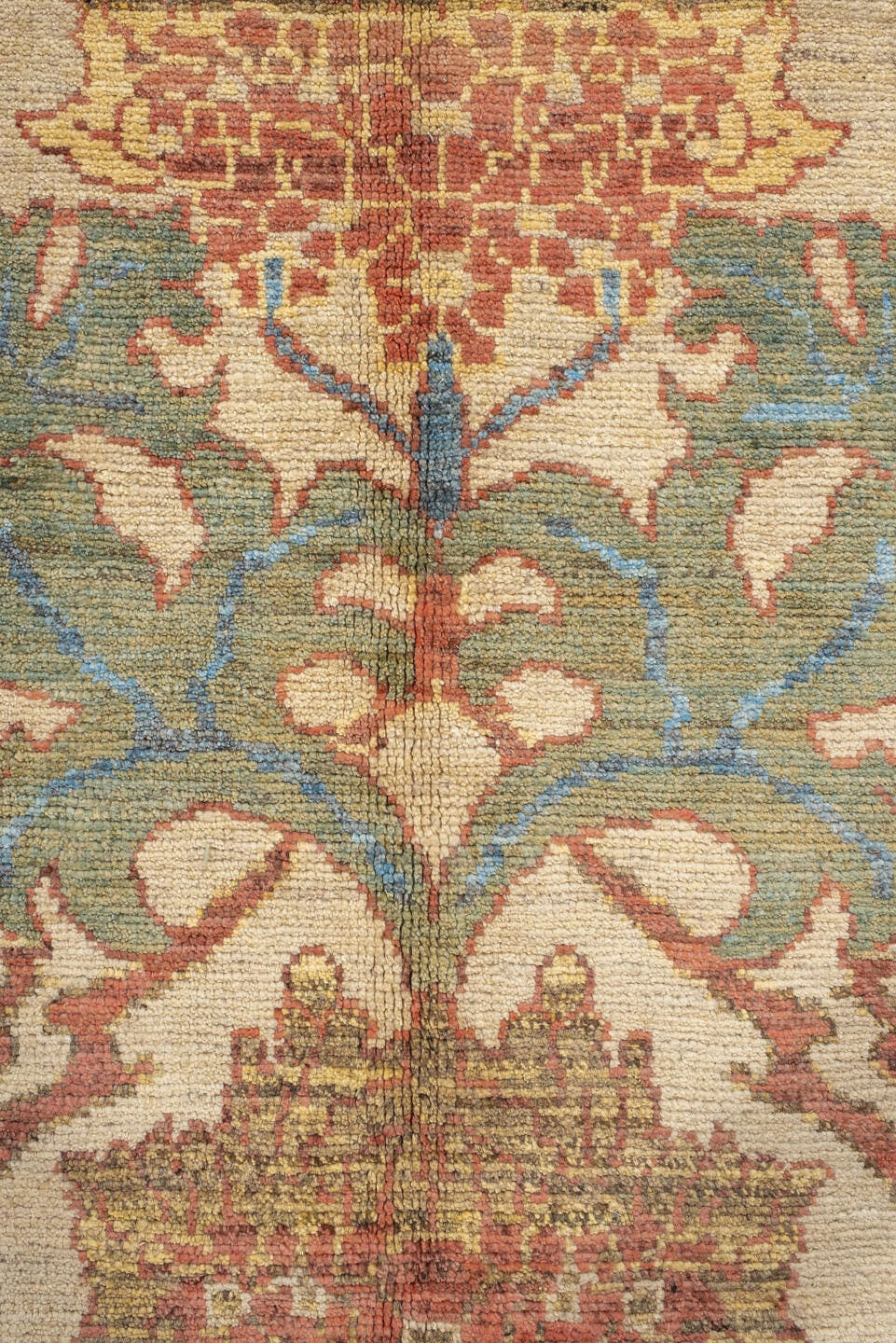 9' x 12' one-of-a-kind handmade vintage Arts & Crafts large size rug. Color palette: ivory, sky blue, sage, rust, gold