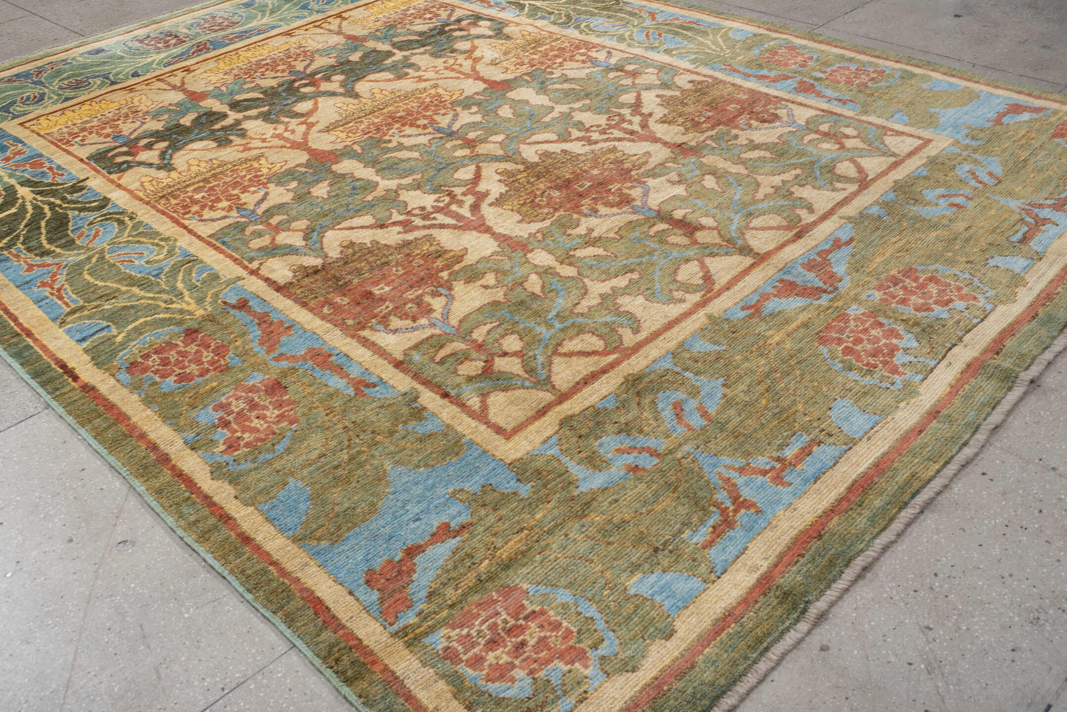 9' x 12' one-of-a-kind handmade vintage Arts & Crafts large size rug. Color palette: ivory, sky blue, sage, rust, gold