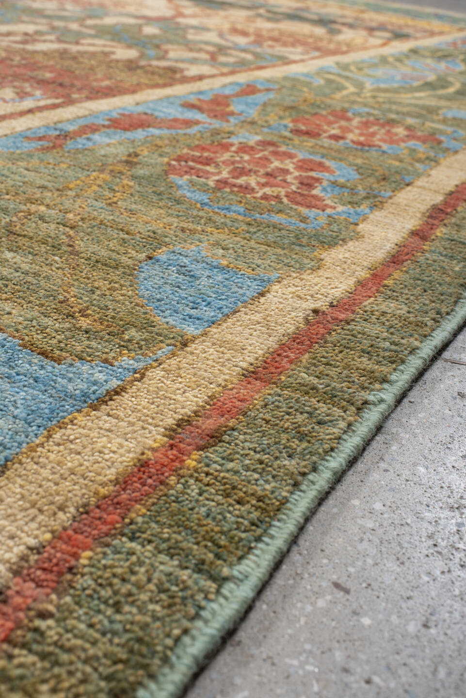 9' x 12' one-of-a-kind handmade vintage Arts & Crafts large size rug. Color palette: ivory, sky blue, sage, rust, gold