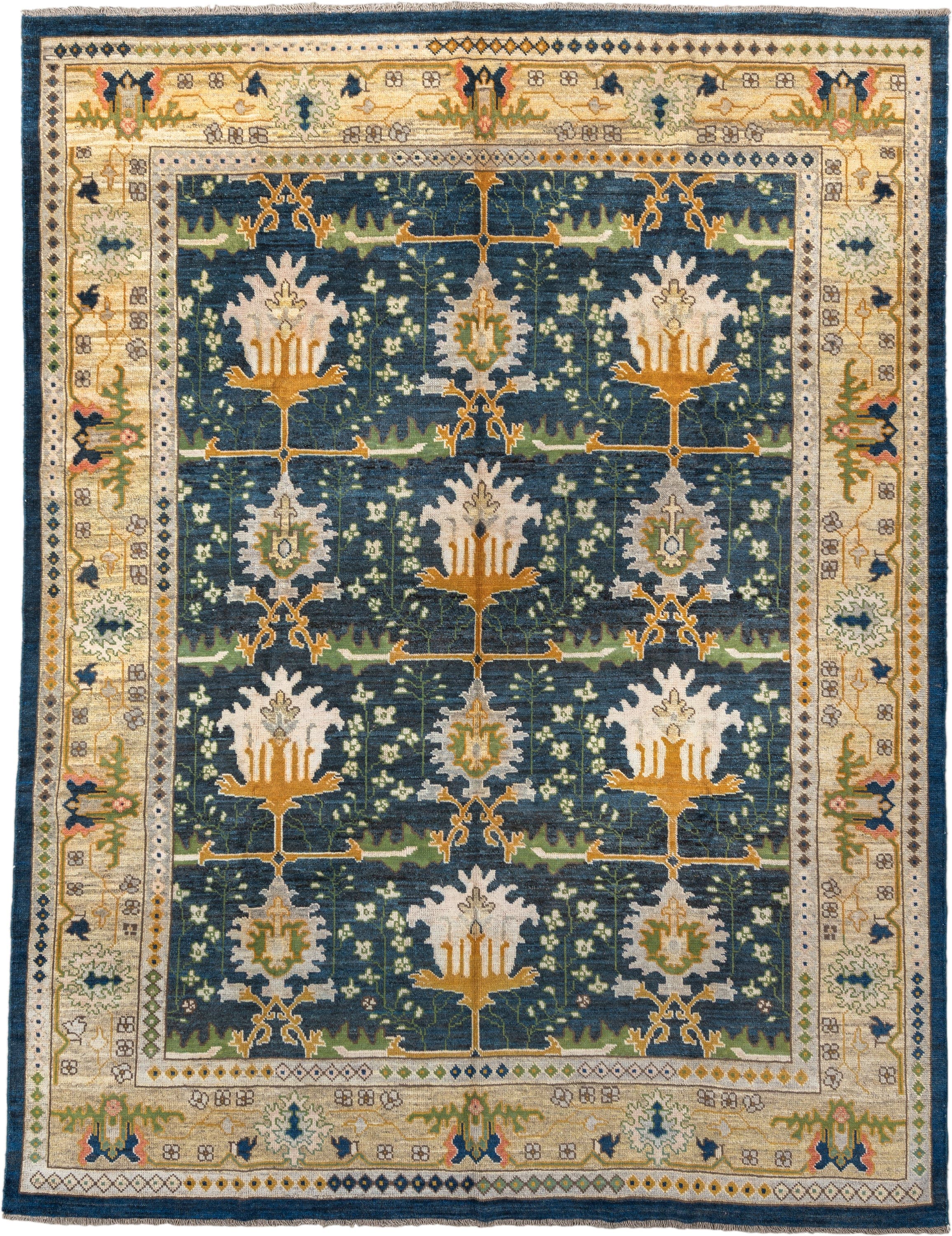 10' x 13' one-of-a-kind handmade vintage Arts & Crafts large size rug. Color palette: navy, ivory, gold, sage, olive, camel