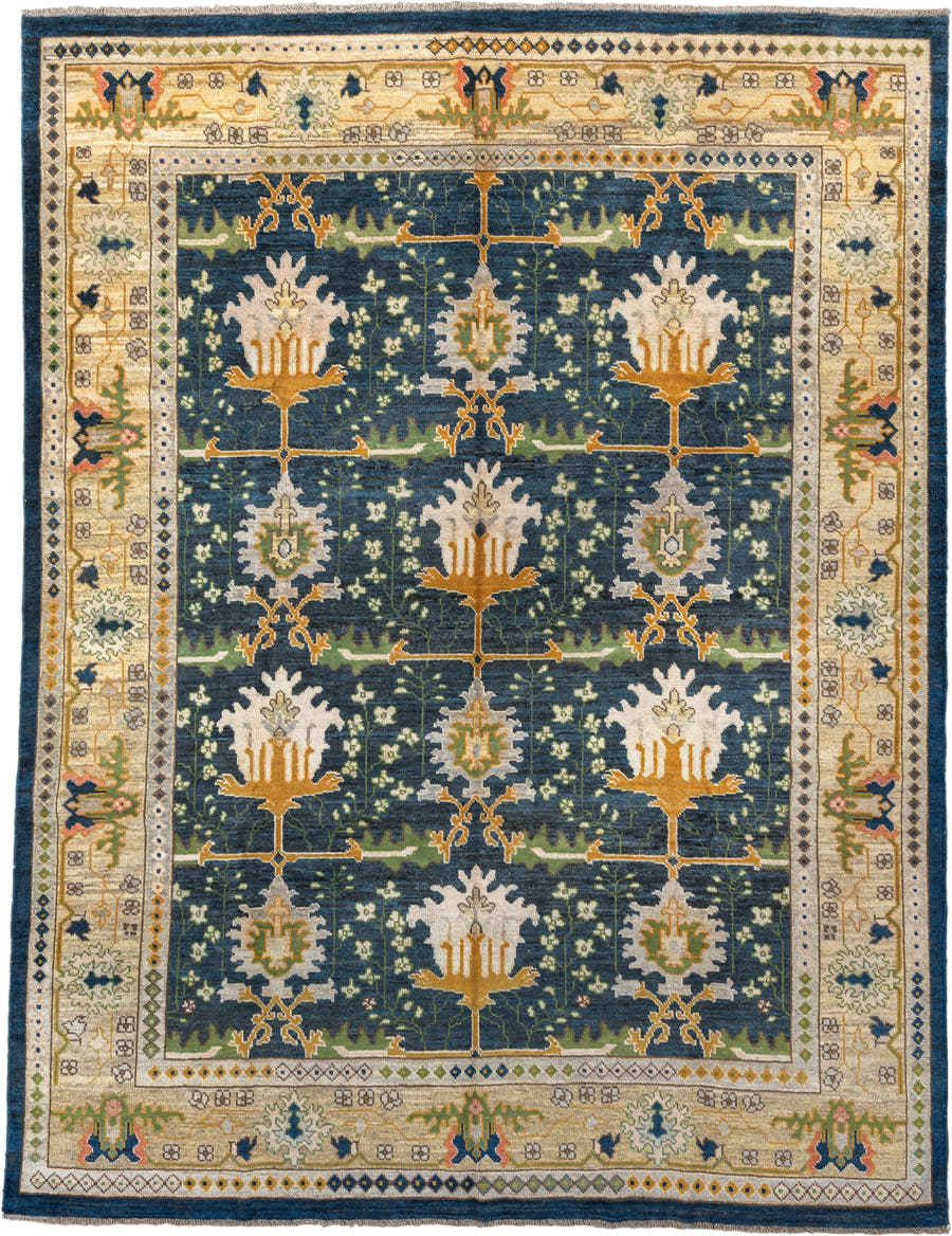 10' x 13' one-of-a-kind handmade vintage Arts & Crafts large size rug. Color palette: navy, ivory, gold, sage, olive, camel
