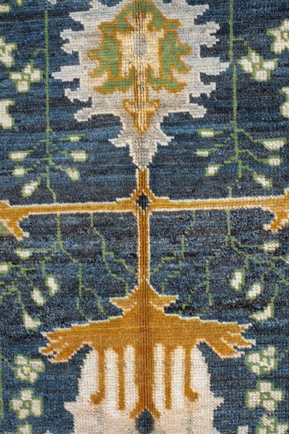 10' x 13' one-of-a-kind handmade vintage Arts & Crafts large size rug. Color palette: navy, ivory, gold, sage, olive, camel