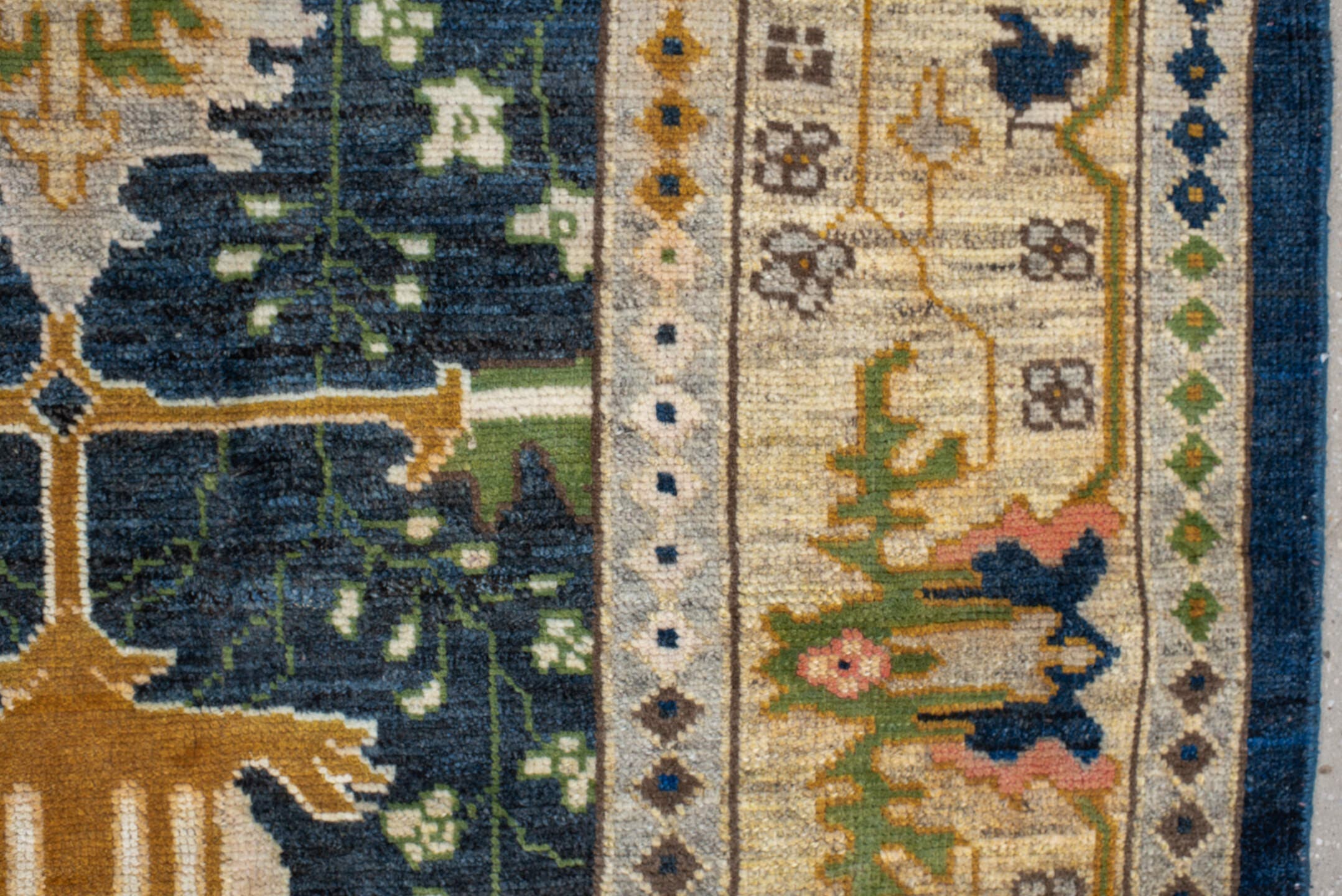 10' x 13' one-of-a-kind handmade vintage Arts & Crafts large size rug. Color palette: navy, ivory, gold, sage, olive, camel