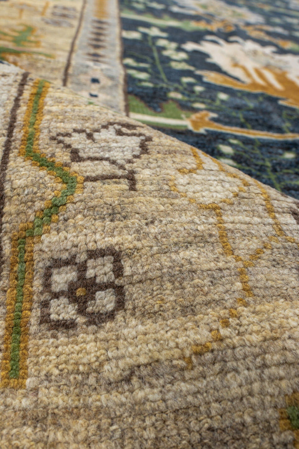 10' x 13' one-of-a-kind handmade vintage Arts & Crafts large size rug. Color palette: navy, ivory, gold, sage, olive, camel