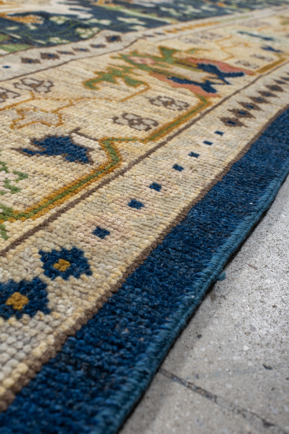 10' x 13' one-of-a-kind handmade vintage Arts & Crafts large size rug. Color palette: navy, ivory, gold, sage, olive, camel