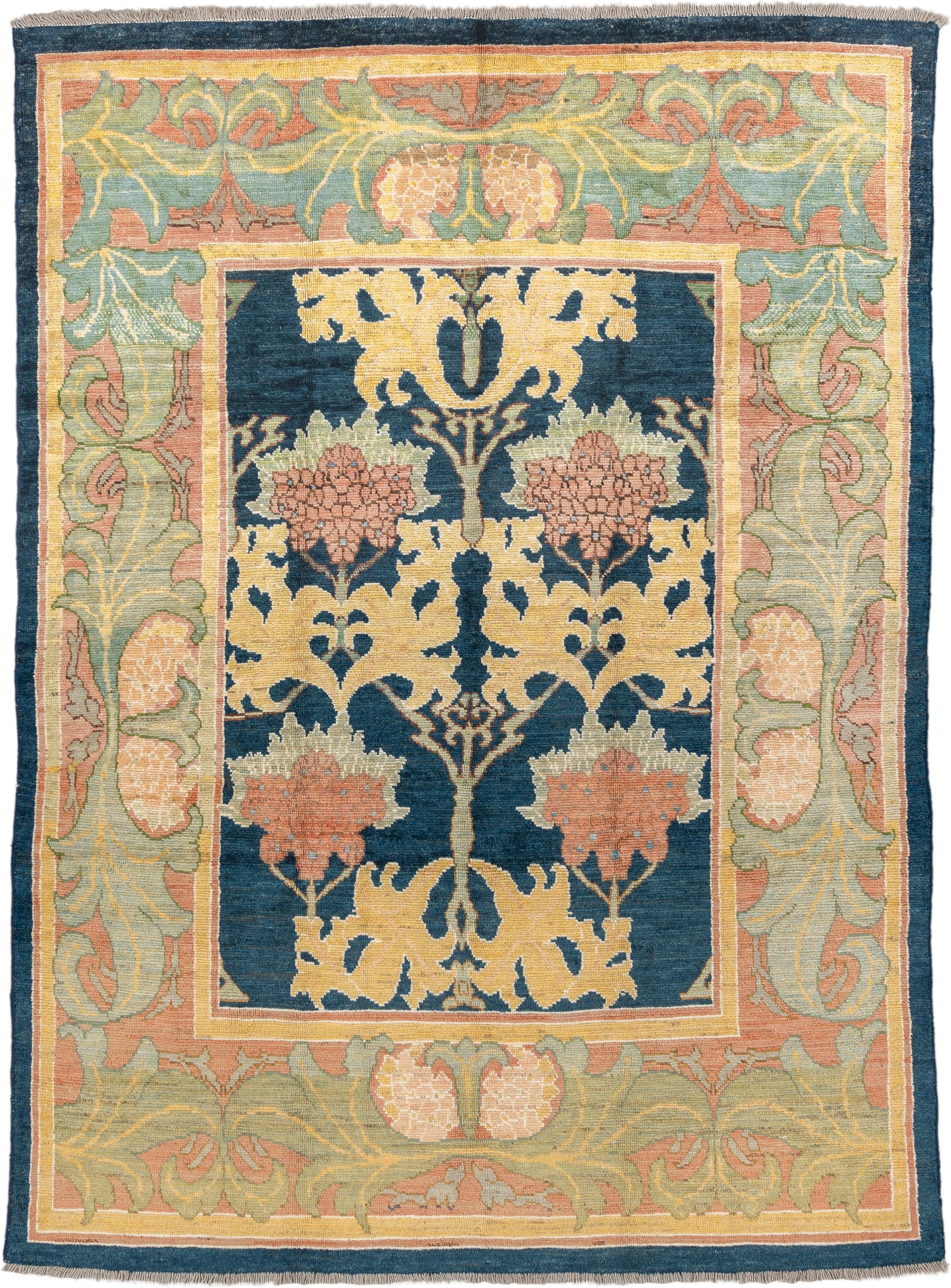 8' x 11' one-of-a-kind handmade vintage Arts & Crafts large size rug. Color palette: navy, sage, gold, terra cotta, ivory