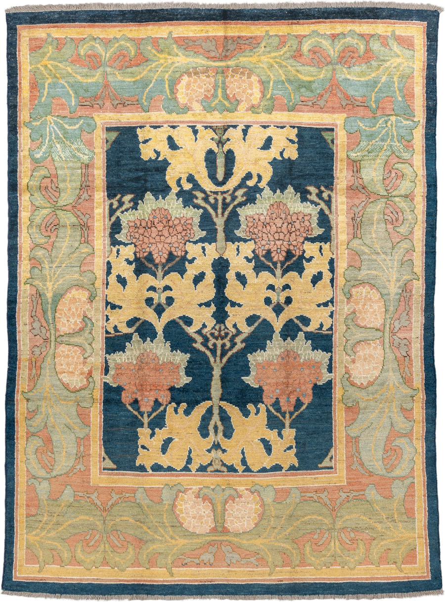 8' x 11' one-of-a-kind handmade vintage Arts & Crafts large size rug. Color palette: navy, sage, gold, terra cotta, ivory